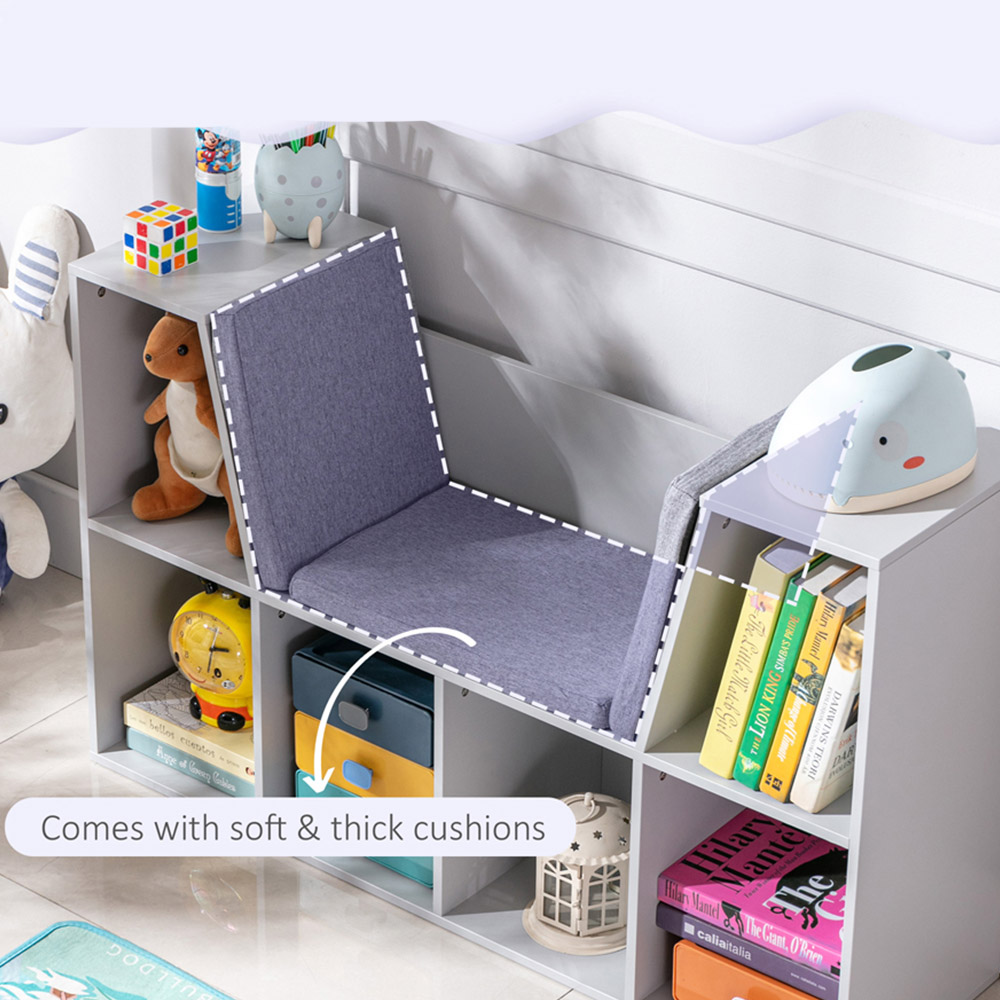 HOMCOM 6 Shelf Grey Kids Bookcase with Cushioned Reading Seat Image 7