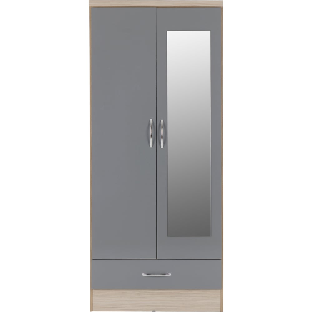 Seconique Nevada 2 Door Single Drawer Grey Gloss and Light Oak Effect Mirror Wardrobe Image 3