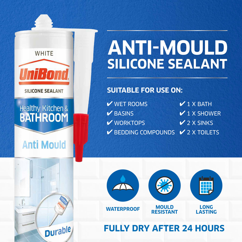 UniBond White Healthy Kitchen and Bathroom Anti Mould Silicone Sealant Cartridge 274g Image 7