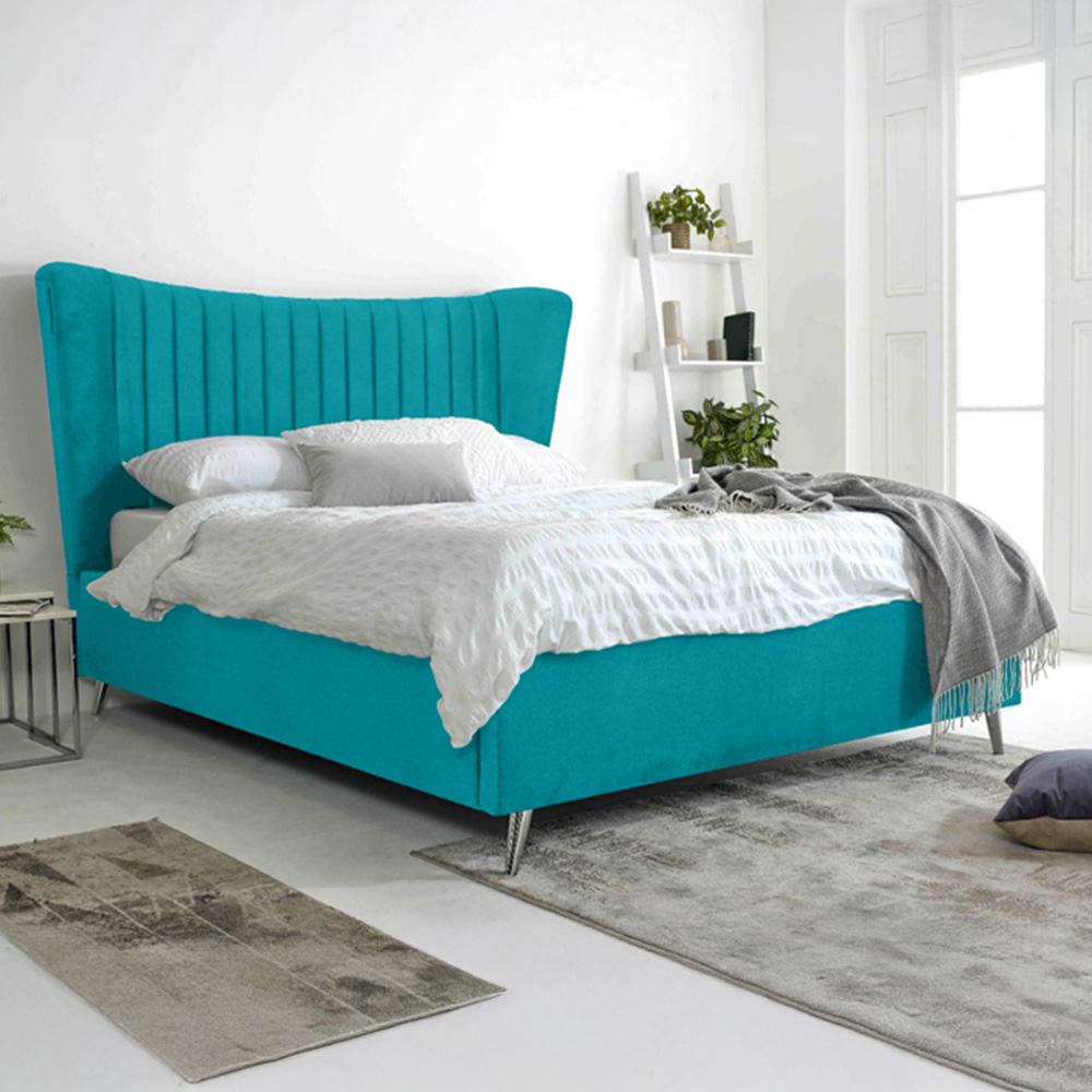 Eleganza Tatum King Size Teal Plush Velvet Bed Frame with Headboard Image 1