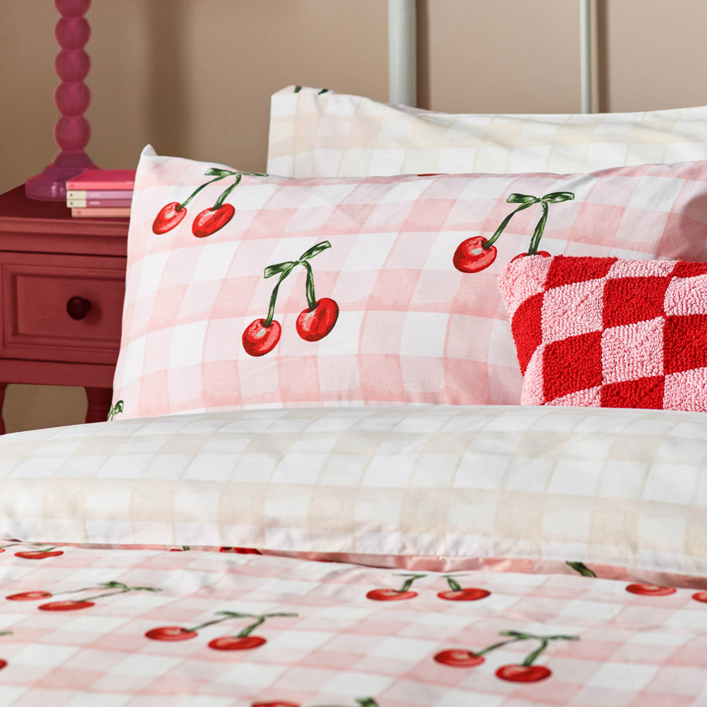 Heya Home Single Pink Cherry Gingham Printed Duvet Set Image 3
