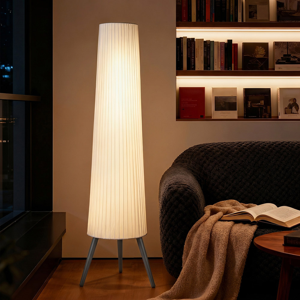 HOMCOM White Dimmable Tripod Floor Lamp with Grey Wood Legs Image 2