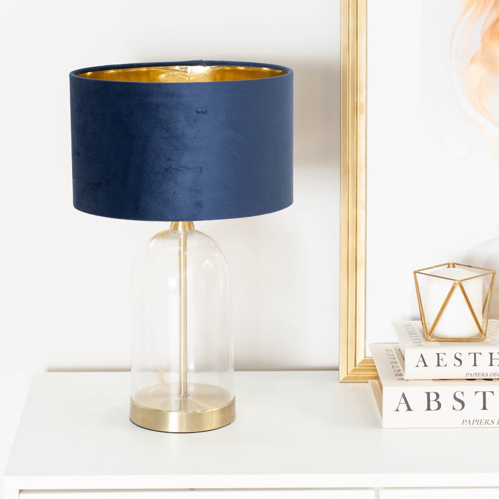 ValueLights Jessy Gold Glass LED Table Lamp with Navy Blue and Gold Velvet Lamp Shade Image 2
