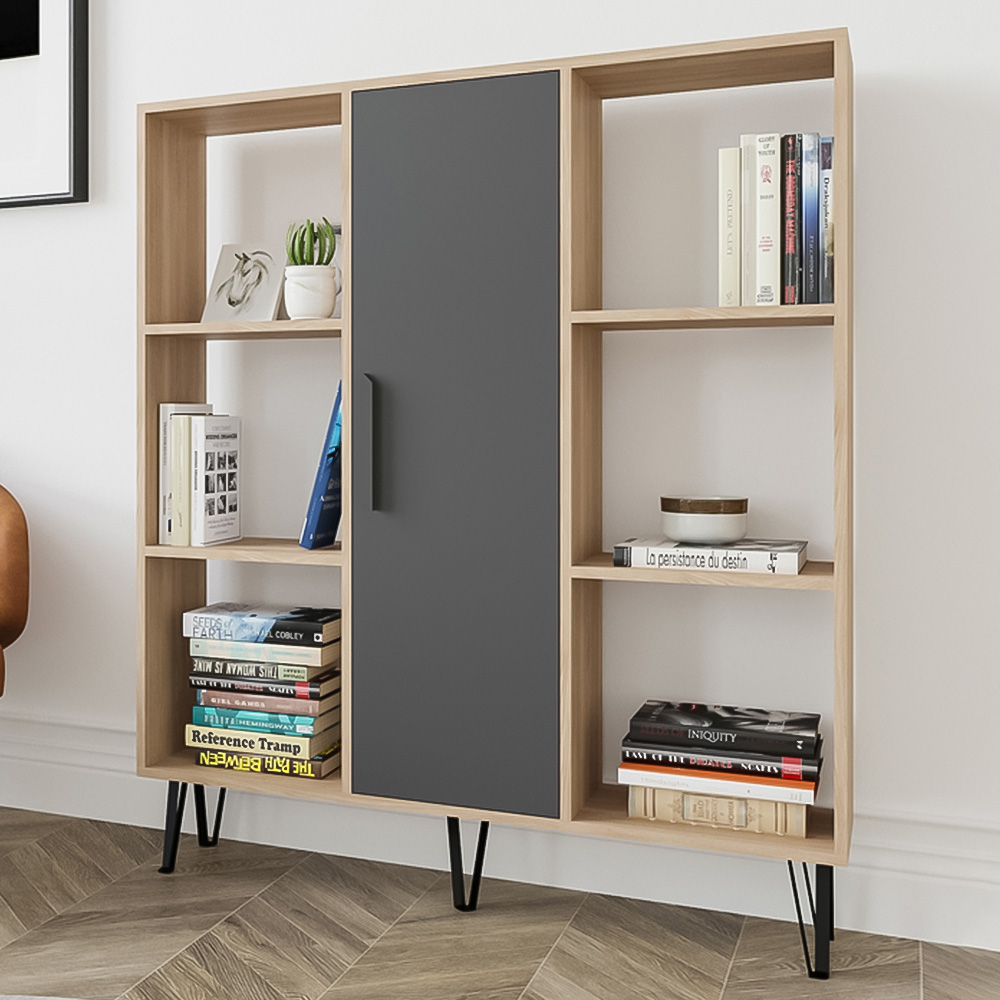 Decorotika Peoria Single Door 6 Shelf Oak and Anthracite Bookcase Image 1