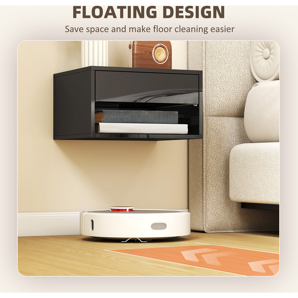 Portland Single Drawer Single Shelf High Gloss Black Floating Nightstand Set of 2 Image 7