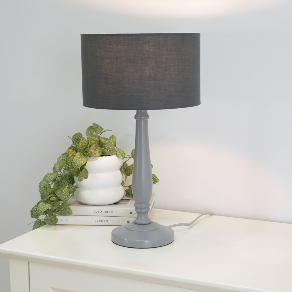 ValueLights Victoria Charcoal Fabric Drum Shade Grey Wood Traditional Stem LED Table Lamp Image 2