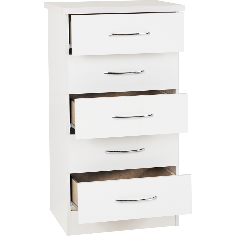 Seconique Nevada 5 Drawer White Gloss Narrow Chest of Drawers Image 4
