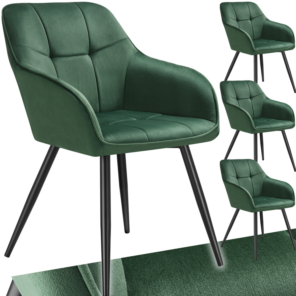 tectake Marilyn Set of 4 Dark Green and Black Quilted Velvet Dining Chair Image 2