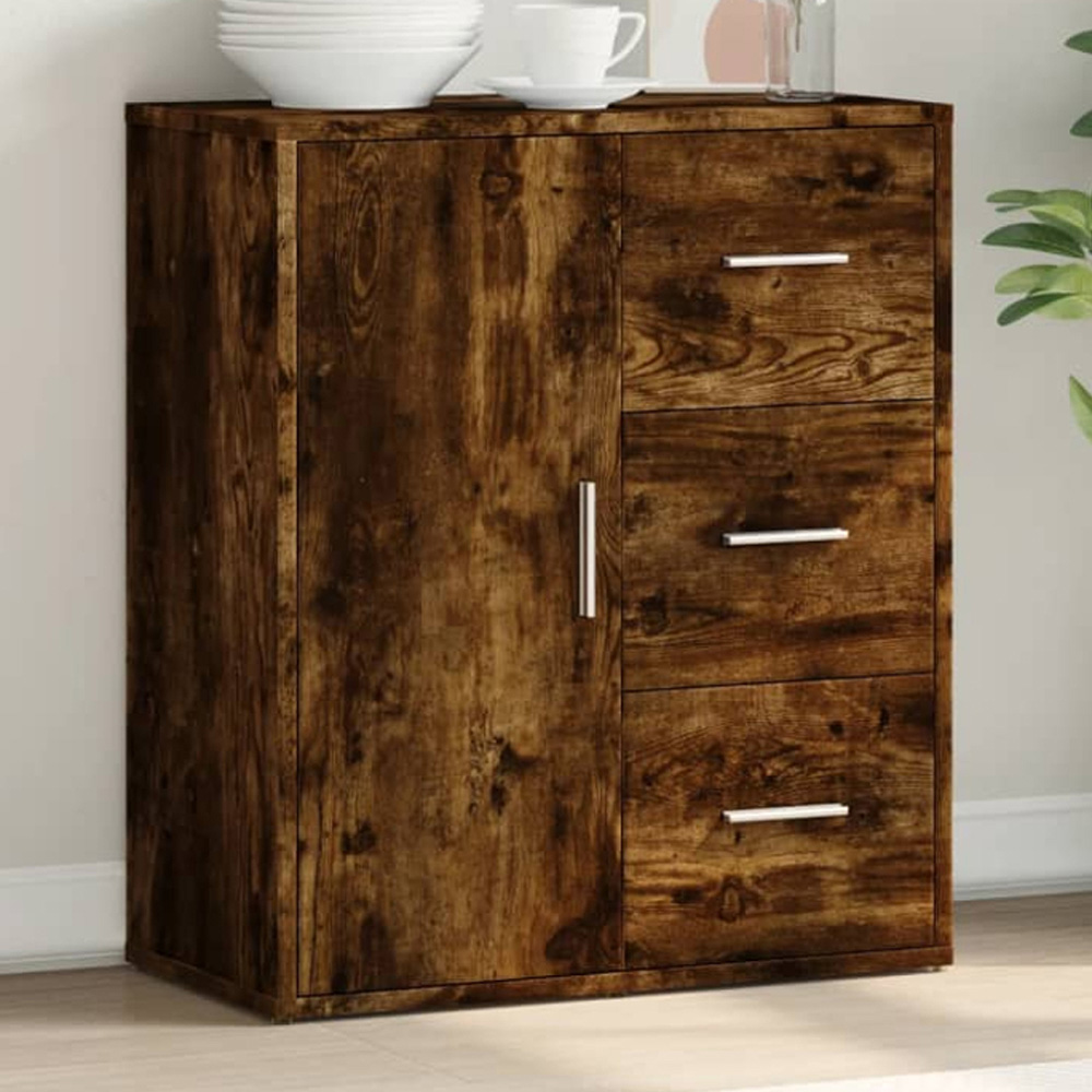 vidaXL Single Door 3 Drawer Smoked Oak Sideboard Image 1