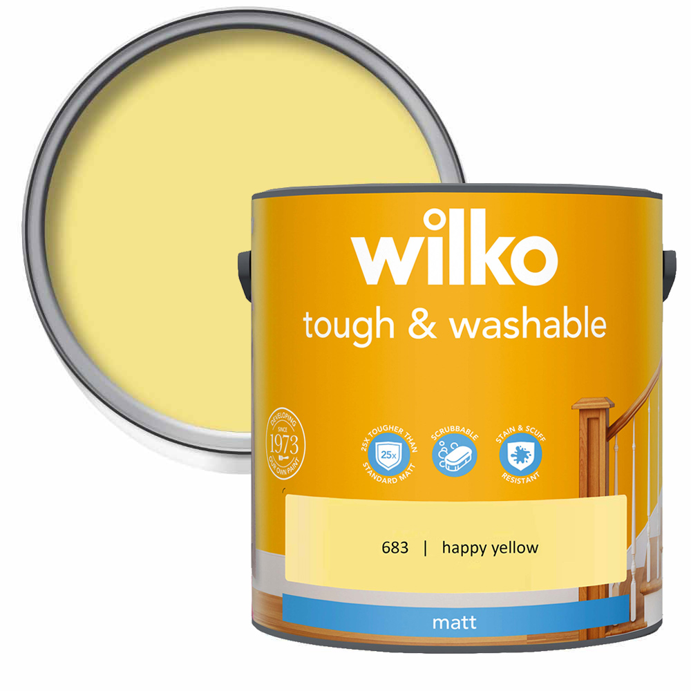 Wilko Tough & Washable Happy Yellow Matt Emulsion Paint 2.5L Image 1