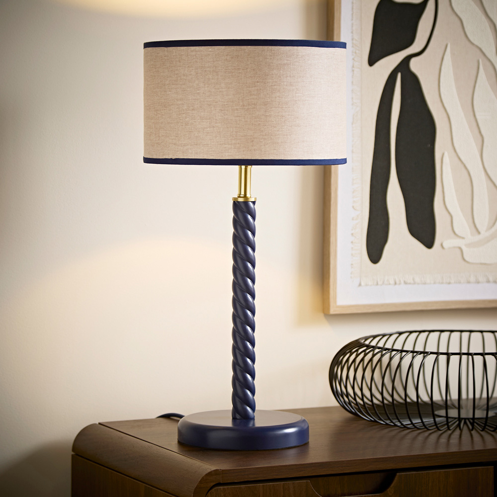 ValueLights Amara Linen Inner Shade Navy Twist Table Lamp with Bulb Image 2