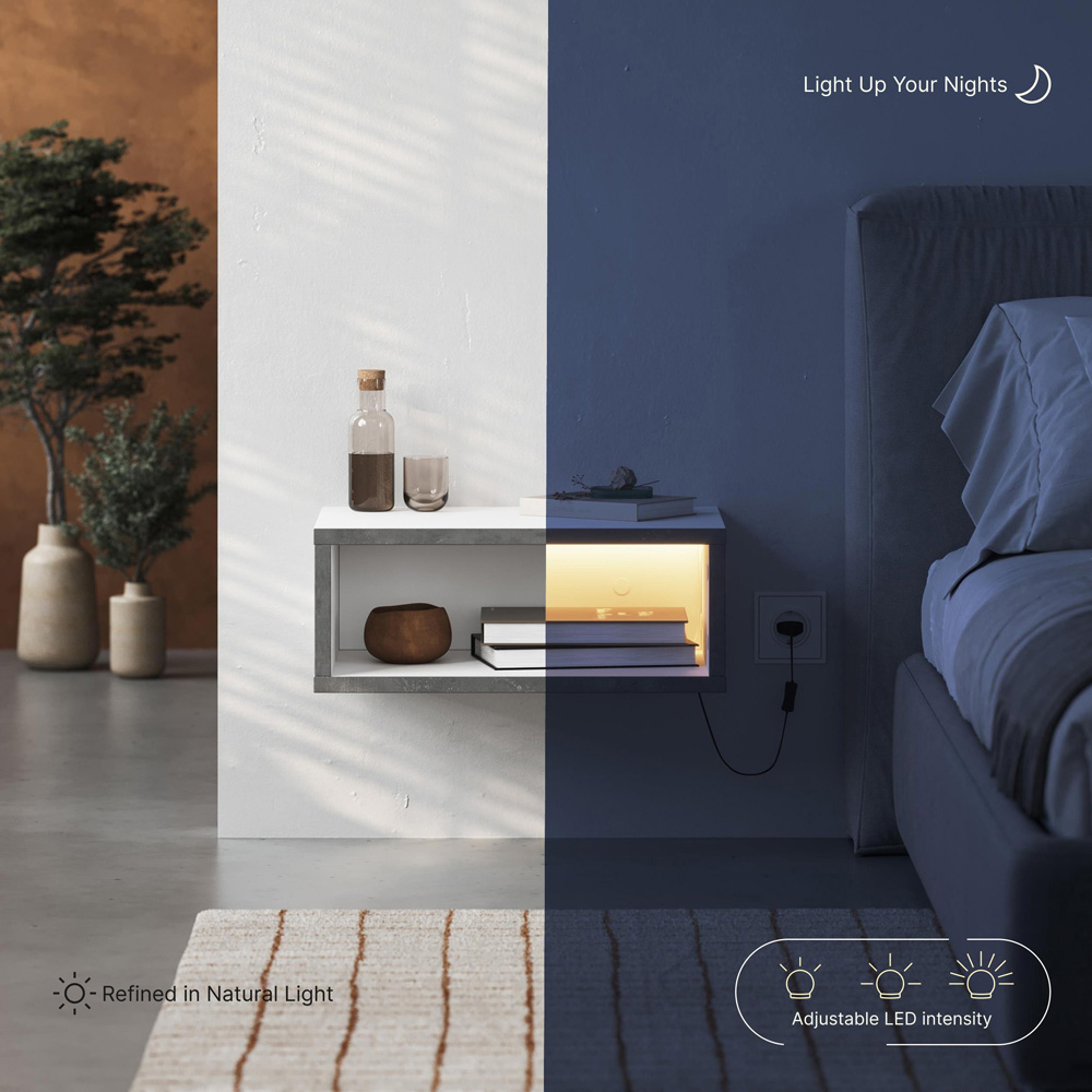 Decortie Brik Single Shelf White Wall Mounted Bedside Table with Night Light Image 4