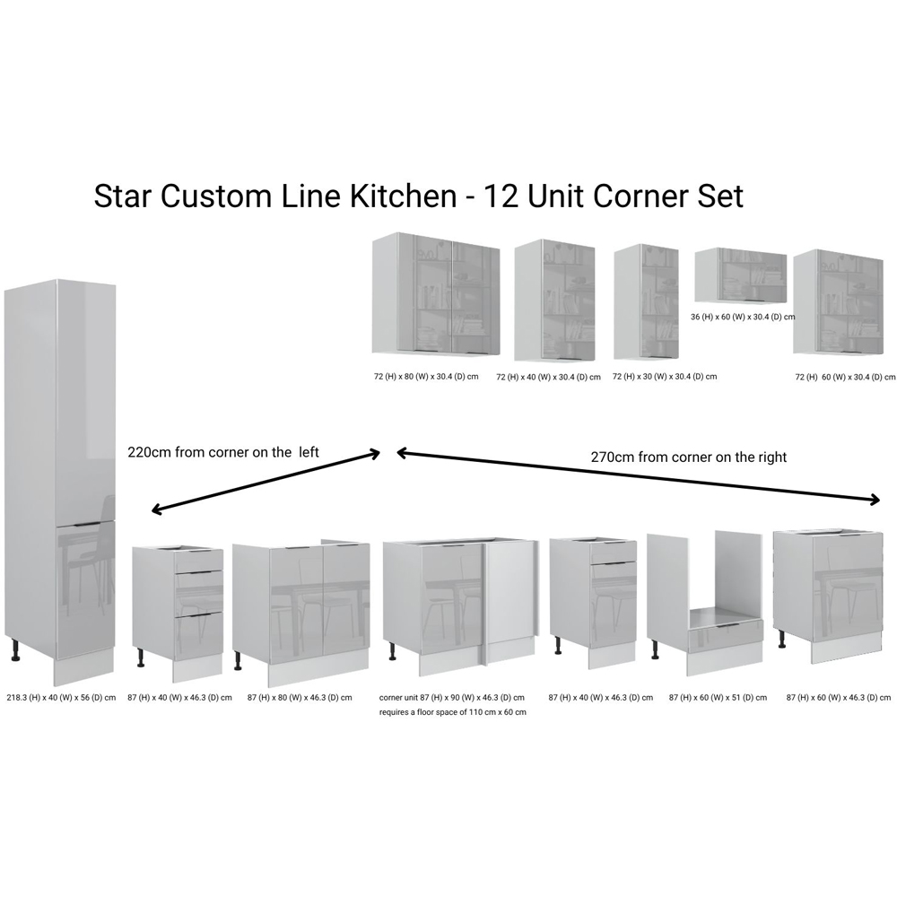 Impact Furniture Star Light Grey Gloss L Shaped Kitchen Corner Cabinet Set of 12 Image 9