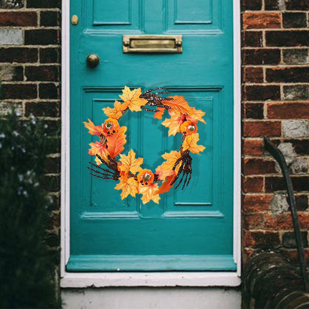 Living and Home Pumpkin Door Wreath with Skeletal Hands 40cm Image 2