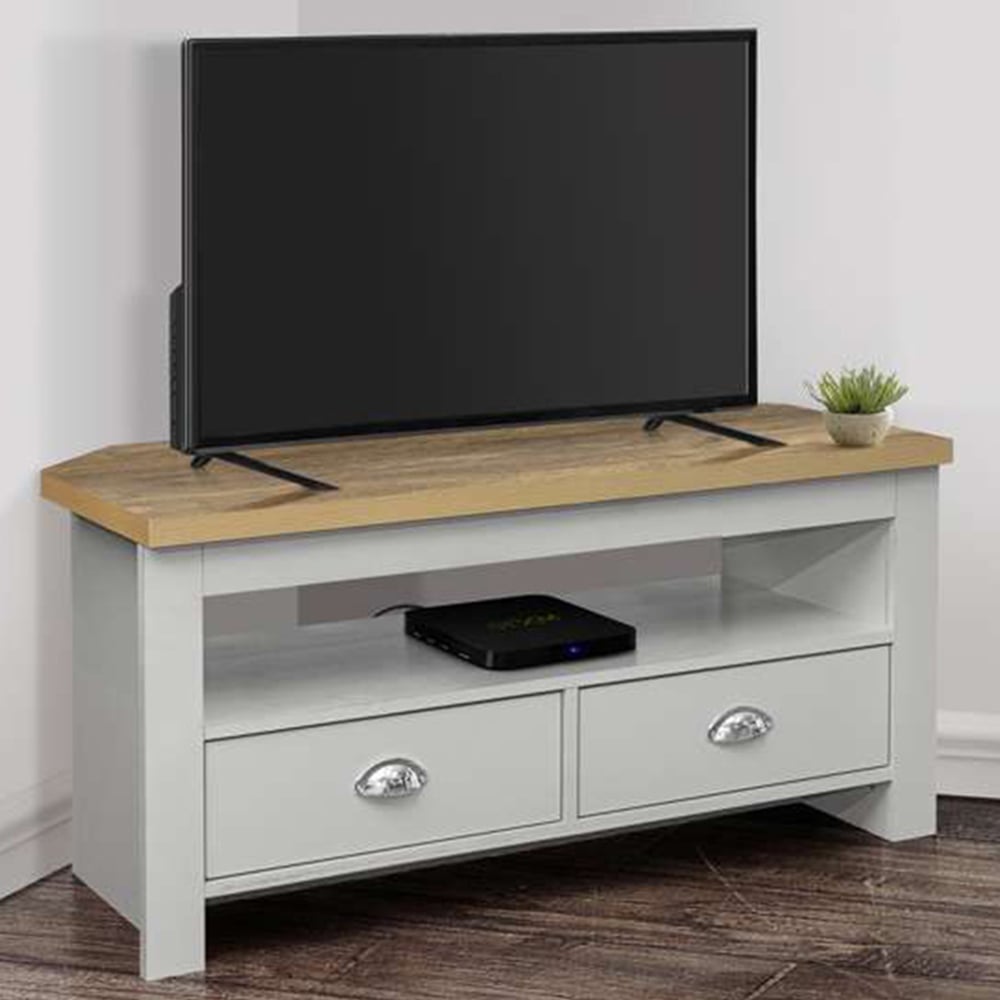 Highgate 2 Drawer Grey and Oak Corner TV Unit Image 1