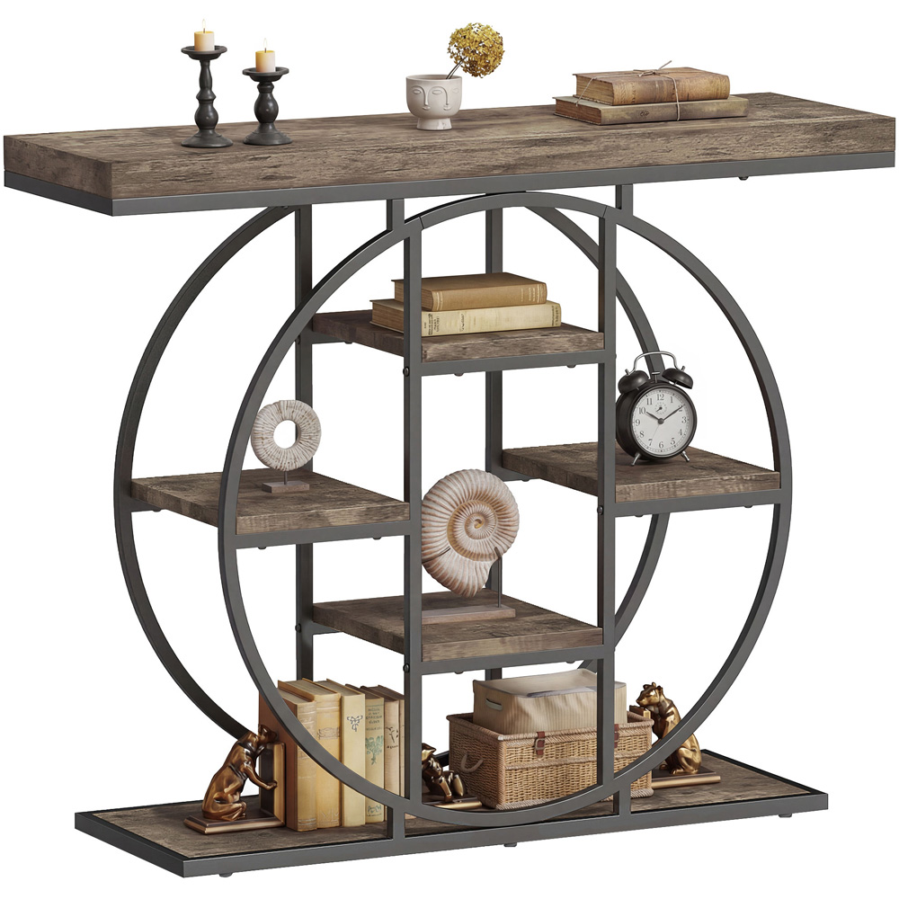 Portland 6 Shelf Rustic Brown Industrial Console Table Image 2