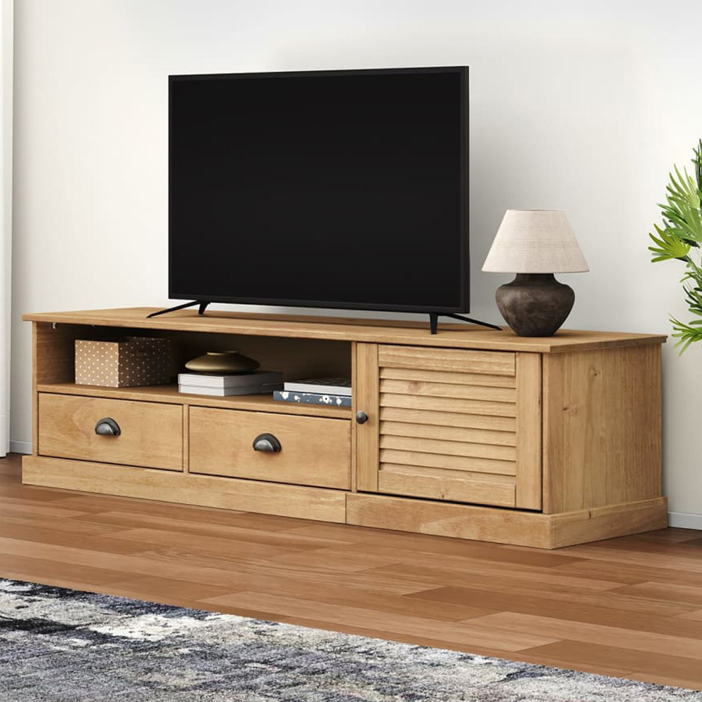 vidaXL Vigo Single Door 2 Drawer Single Shelf Brown Solid Pine Wood TV Cabinet Image 1