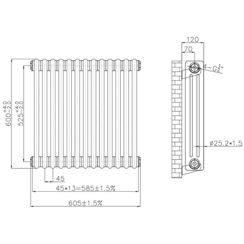 Go Bathrooms Clarence Raw Metal 3 Column Radiator 600 x 605mm Image 3