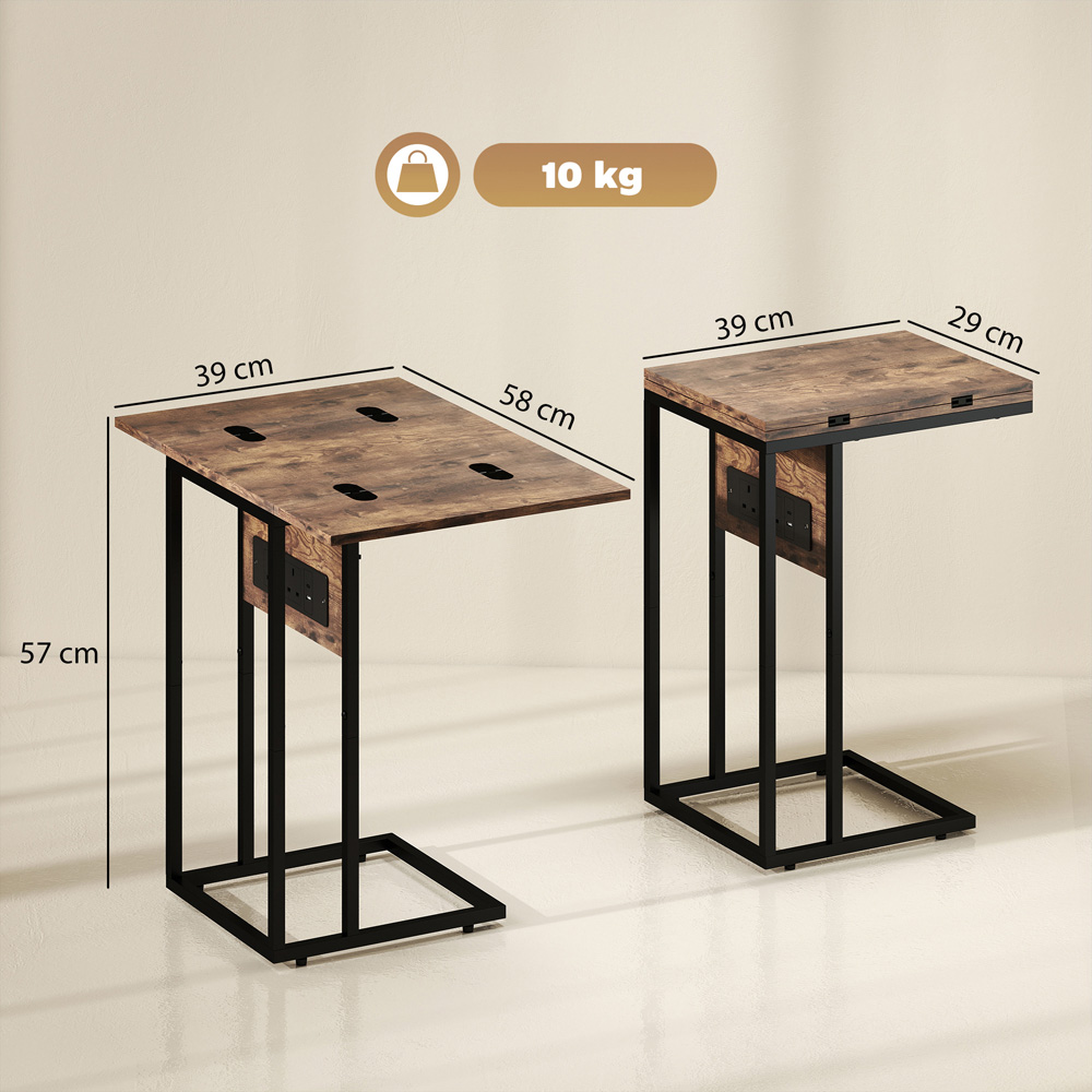 Portland Rustic Brown C Shaped Foldable Top Side Table with Charging Station Image 9