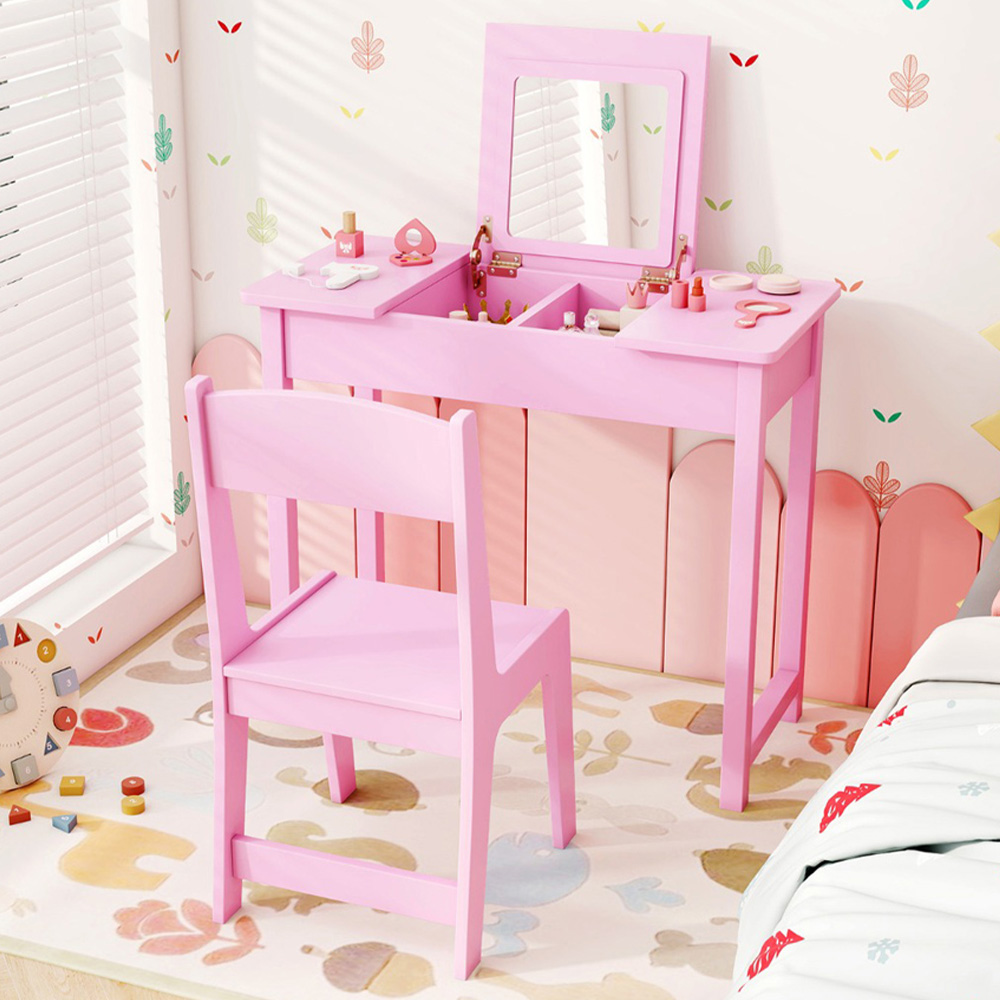 Costway 2 Drawer Single Shelf Pink 2 in 1 Kids Vanity Table Set with Flip Top Mirror Image 1