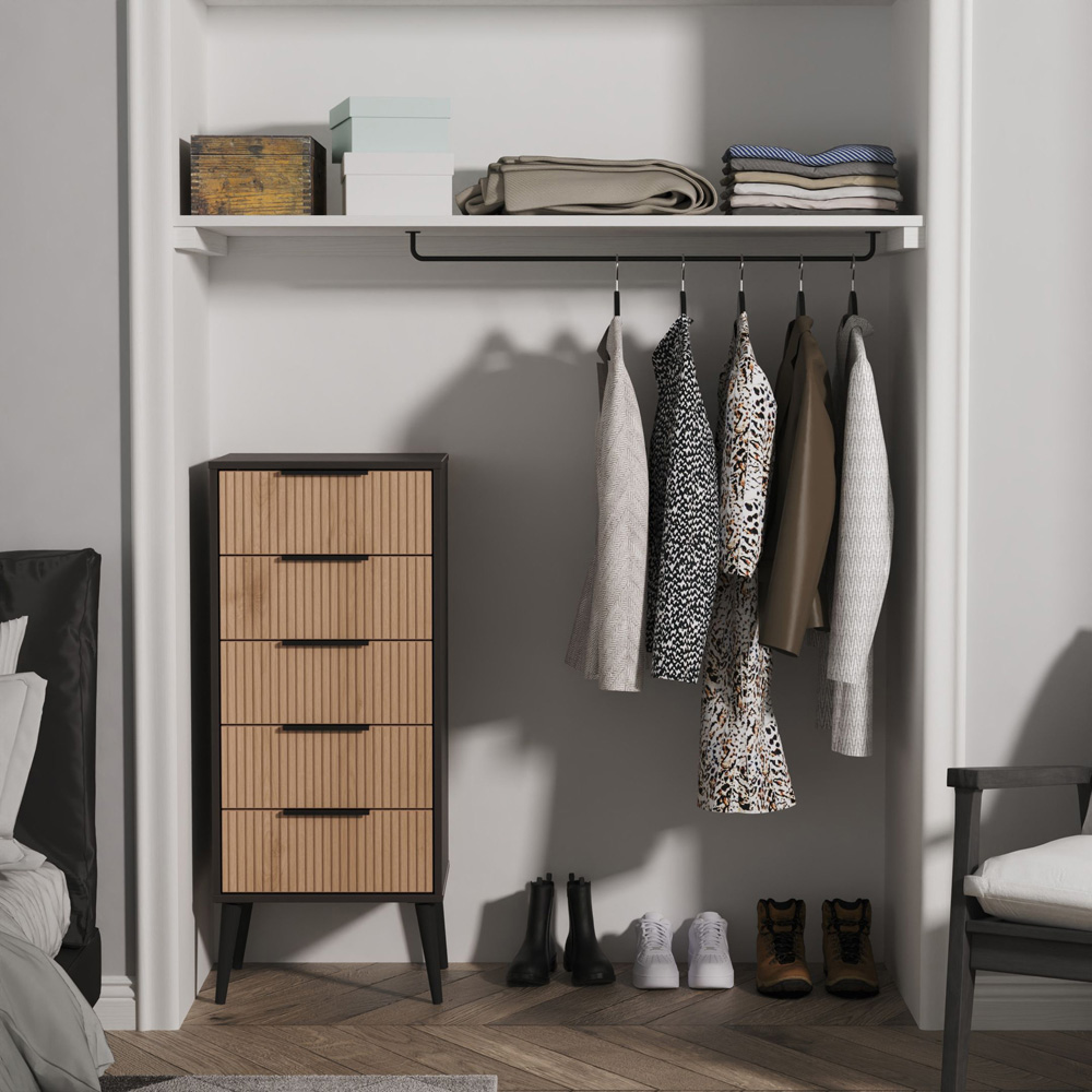 Crowndale Hong Kong 5 Drawer Slatt Effect and Graphite Tall Bedside Cabinet Ready Assembled Image 7