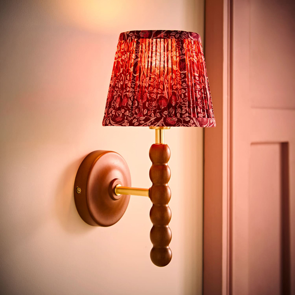ValueLights Bobble Burgundy Floral Pleat Shade Walnut Wood Wall Light with Bulb 2 Pack Image 2