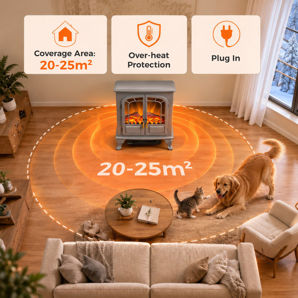 HOMCOM Grey Freestanding Electric Fireplace Stove with LED Fire Flame Effect Image 6