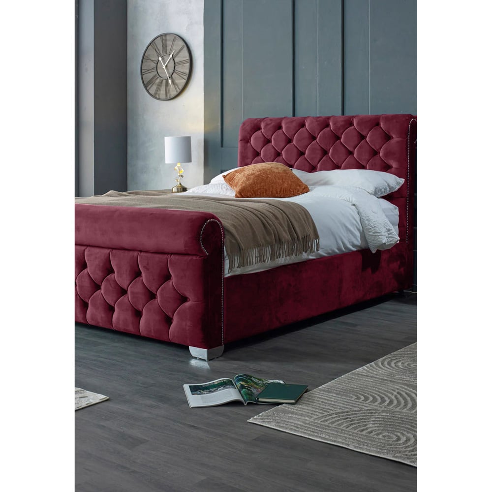Eleganza Home Veneta King Size Maroon Plush Velvet Bed Frame with Chesterfield Headboard Image 3