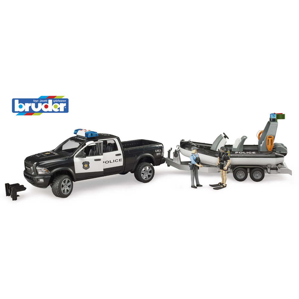 Bruder RAM 2500 Light and Sound Police Pickup Wagon with Trailer Boat and 2 Figures Image 8