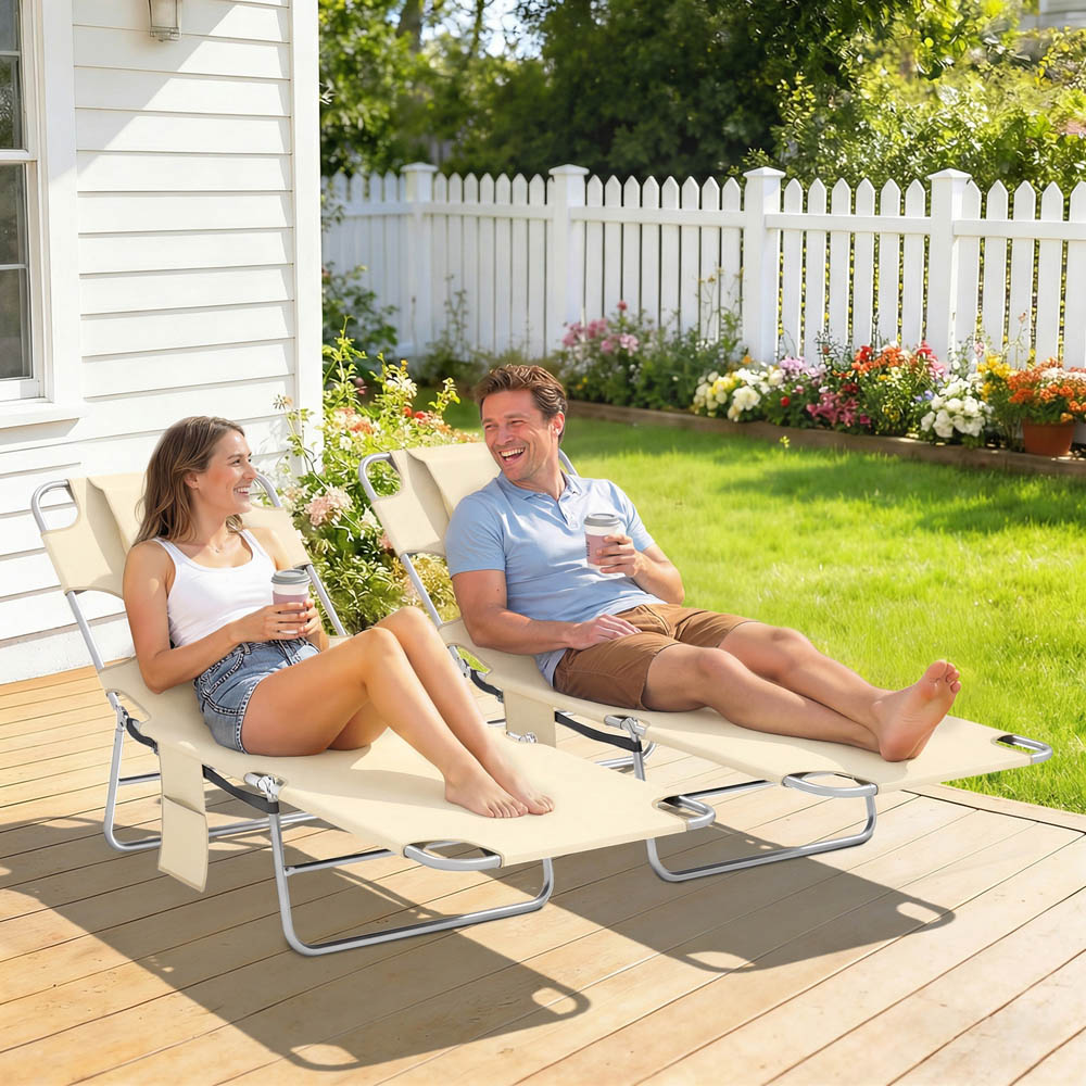 Outsunny Set of 2 Biege Folding Garden Sun Lounger with Reading Hole Image 3