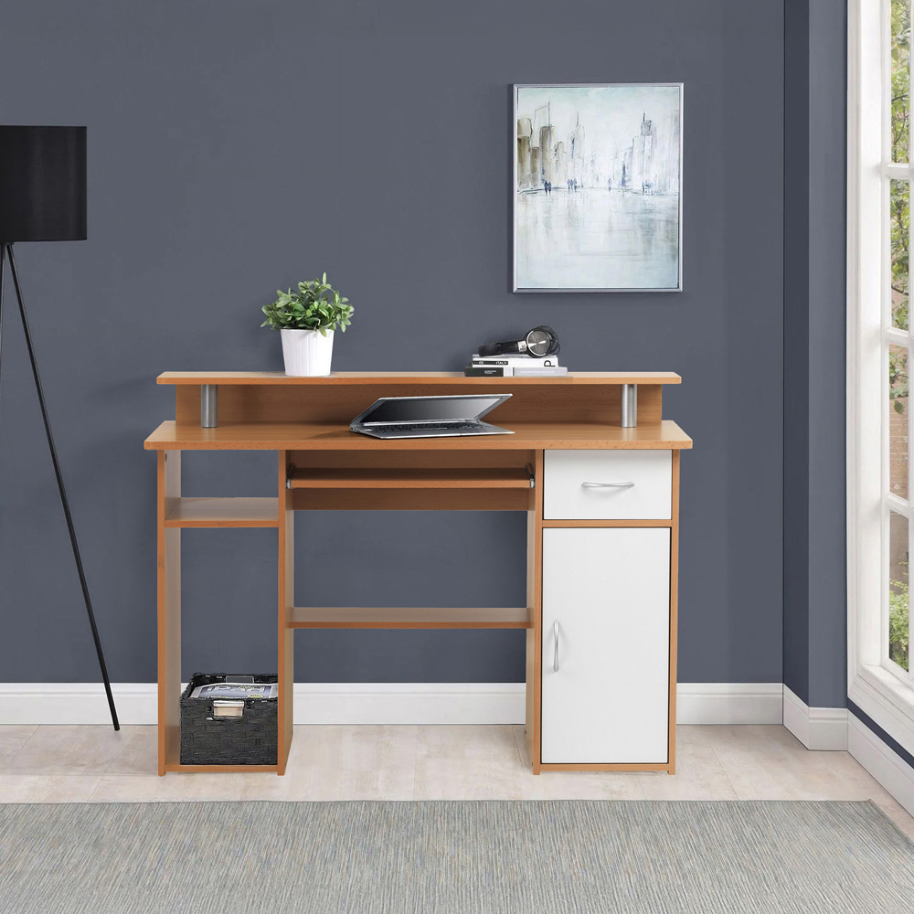 Alphason Albany Single Door Single Drawer Office Desk Beech and White Image 5