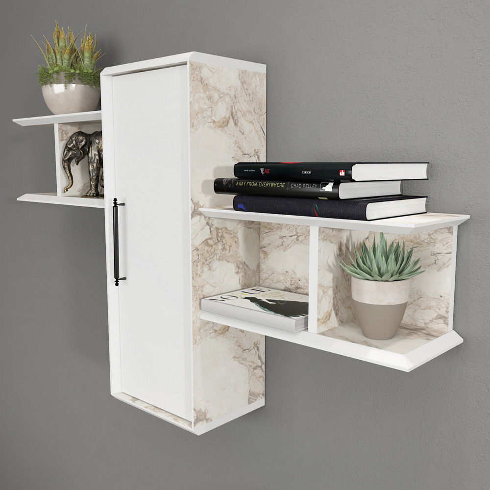 Decorotika Olida Single Door 4 Shelf White Marble Effect and White Wall Display Unit Image 4