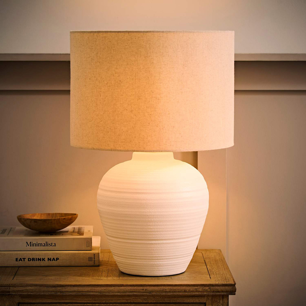 ValueLights Reid Linen Drum Shade White Ribbed Ceramic Large Table Lamp with Bulb Image 2