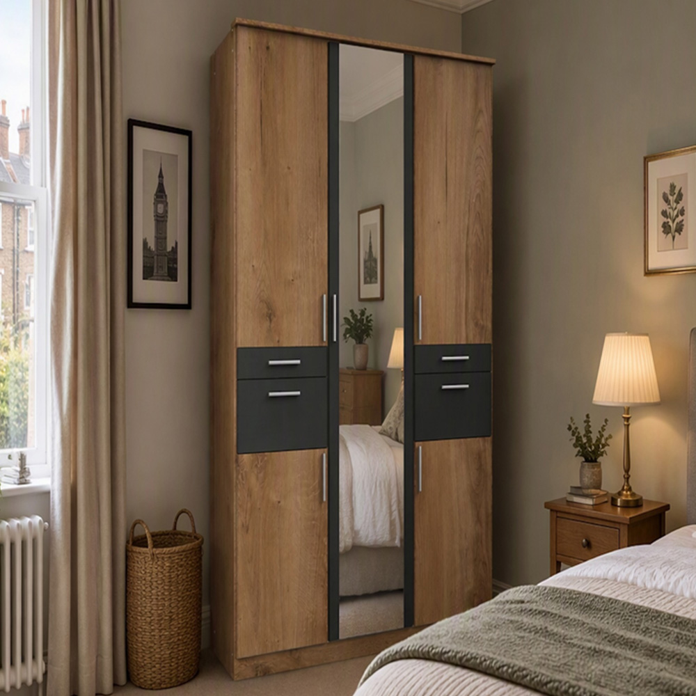 TJ'S Lyon 5 Door 4 Drawer Natural Mirrored Wardrobe Image 1