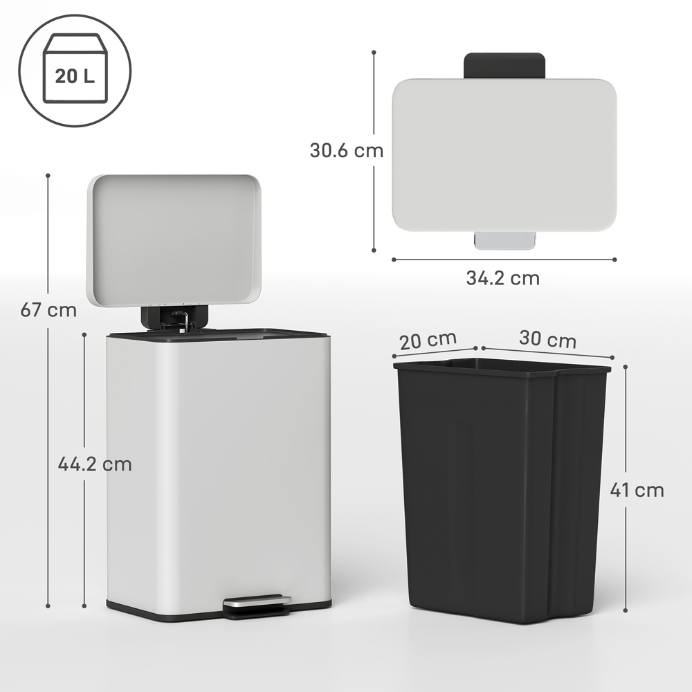 HOMCOM Cream Pedal Bin with Removable Inner Bucket and Soft-Close Lid 20L Image 9