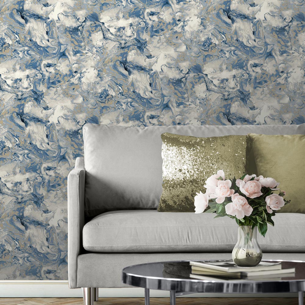 Muriva Elixir Marble Blue Wallpaper | Wilko