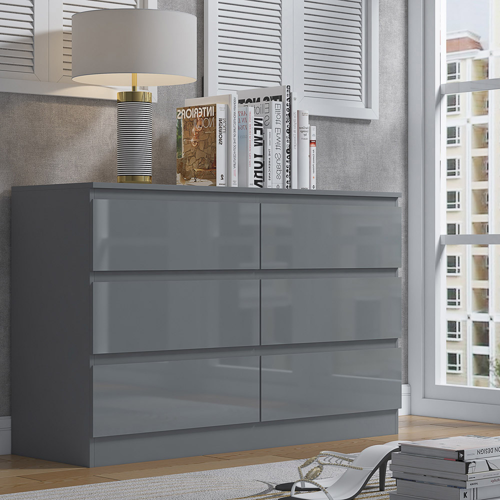 FWStyle Stora 6 Drawer Grey Gloss Chest Of Drawers Image 5