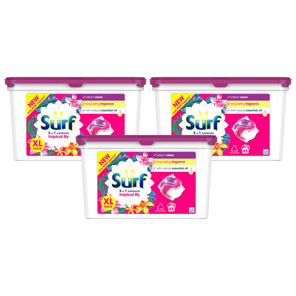 Surf 3 in 1 Tropical Lily Laundry Washing Capsules 45 Washes Case of 3 Image 1