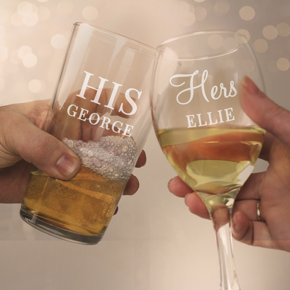 Personalised Memento Personalised His and Her Pint and Wine Glass Set Image 3