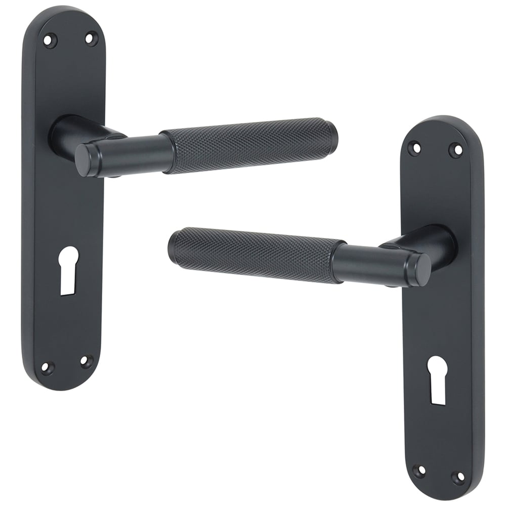 Spira Brass Connaught Matt Black Knurled Lever Door Handle with Lock Backplate 2 Pack Image 1