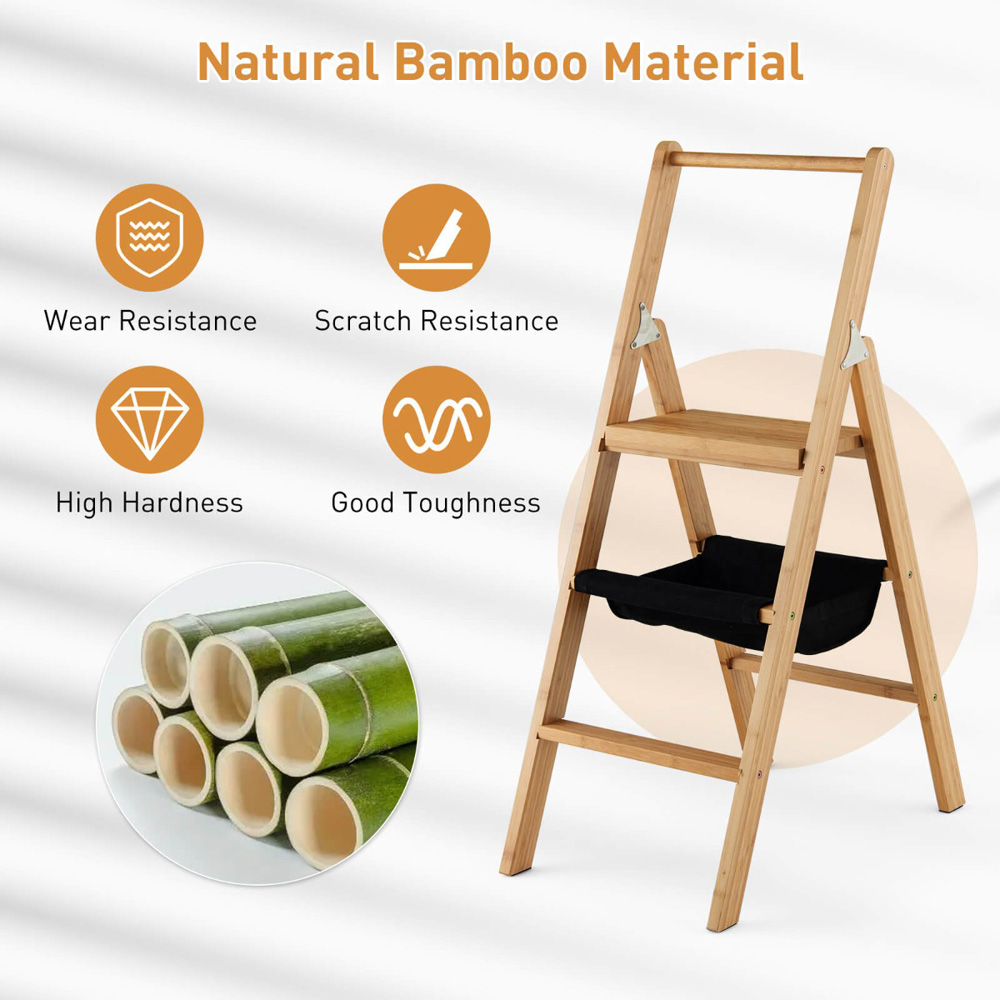Costway 2 Step Bamboo Portable Folding Stool with Storage Shelf Image 6