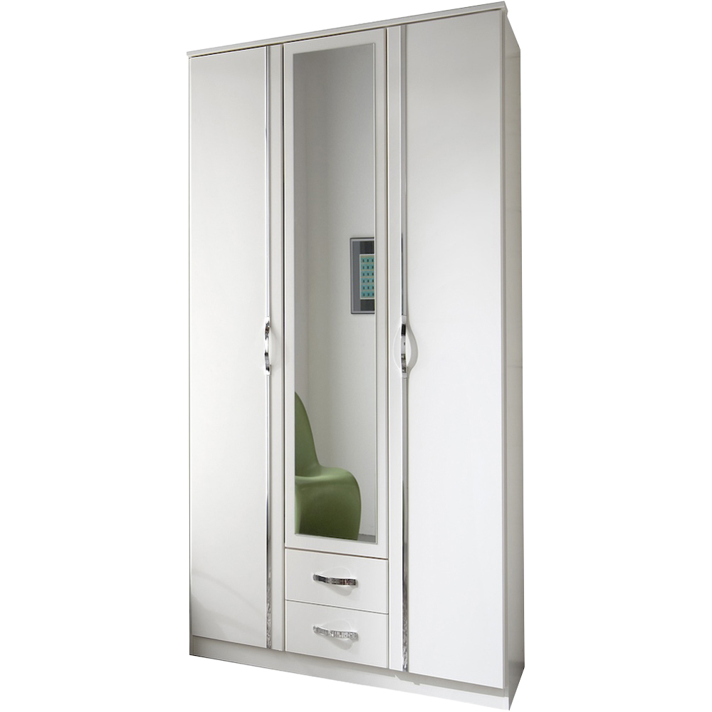 TJ'S Clack 3 Door 2 Drawer White Wardrobe with Mirror Image 2