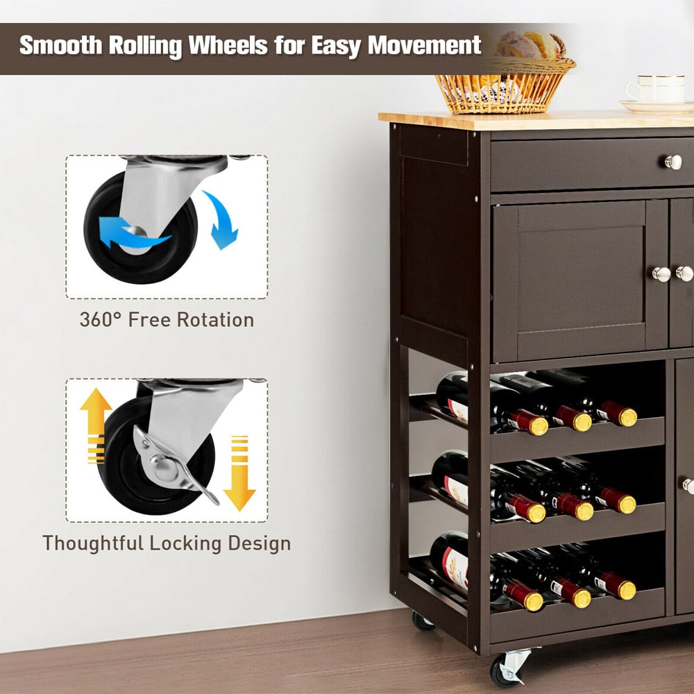 Costway 3 Door Single Drawer Brown Kitchen Trolley Cart Image 8