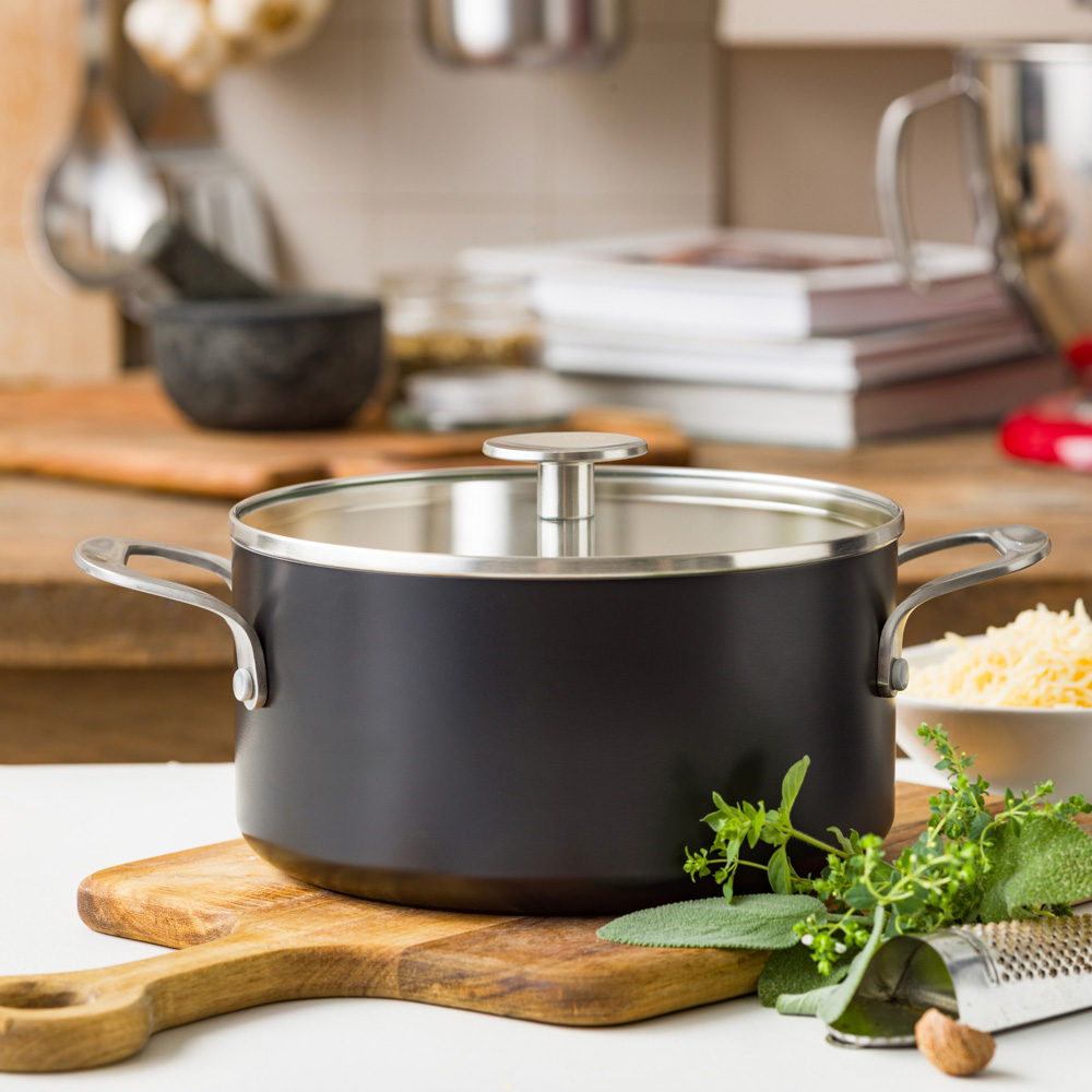 KitchenAid Coloured 20cm Matte Black Aluminium Casserole with Lid Image 2