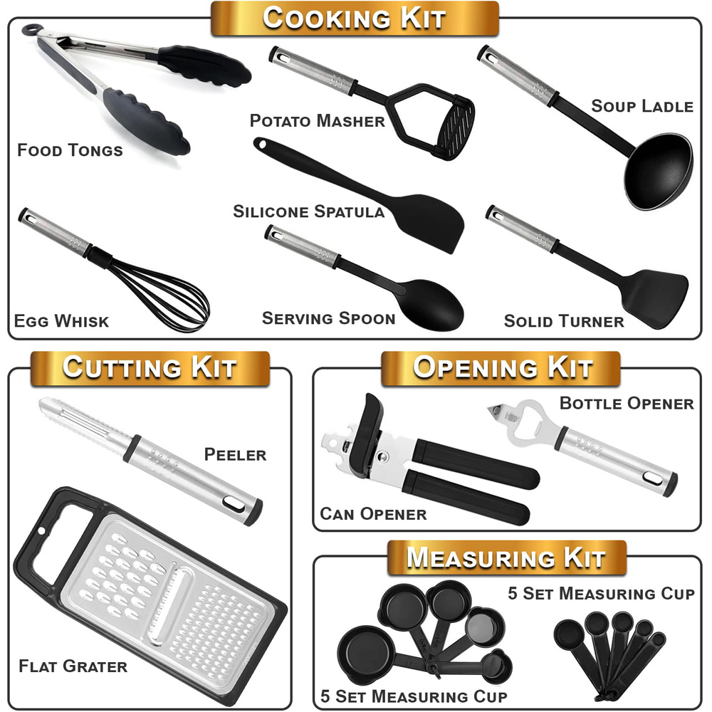 ATEK 24 Piece Black Silicone Kitchen Cooking Utensil Set with Stainless Steel Handle Image 5