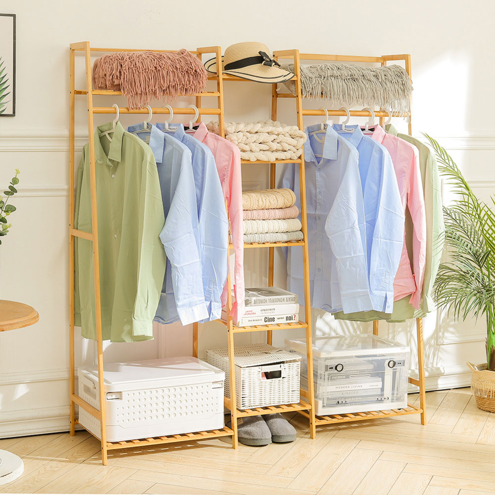 Living And Home SW0375 Natural Bamboo Multi-Tier Clothing Rack With Storage Shelf Image 2