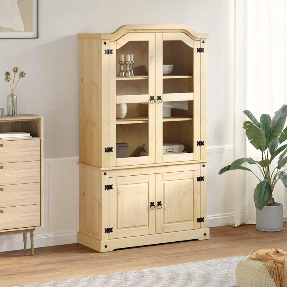 vidaXL 4 Door 3 Shelf Brown Solid Pine Wood Glass Display Cabinet Image 7