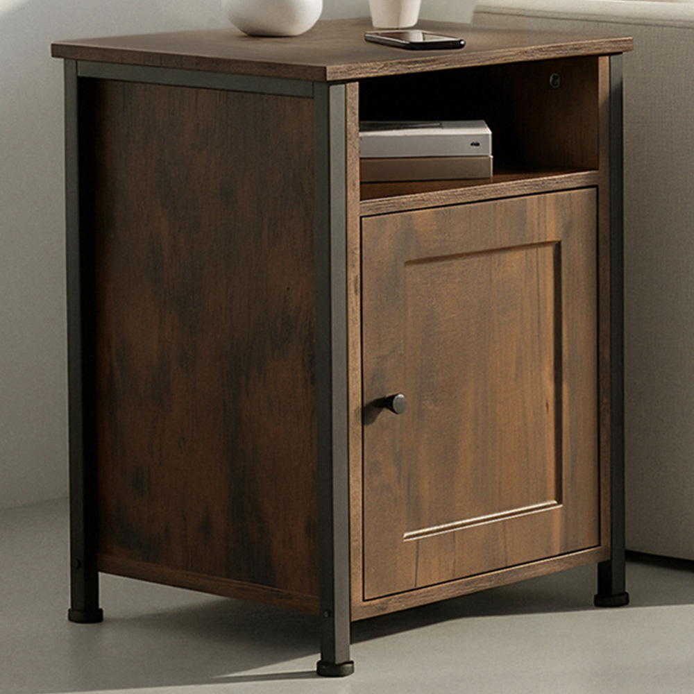 Tectake Blackburn Single Door Single Shelf Rustic Dark Wood Bedside Table Image 1