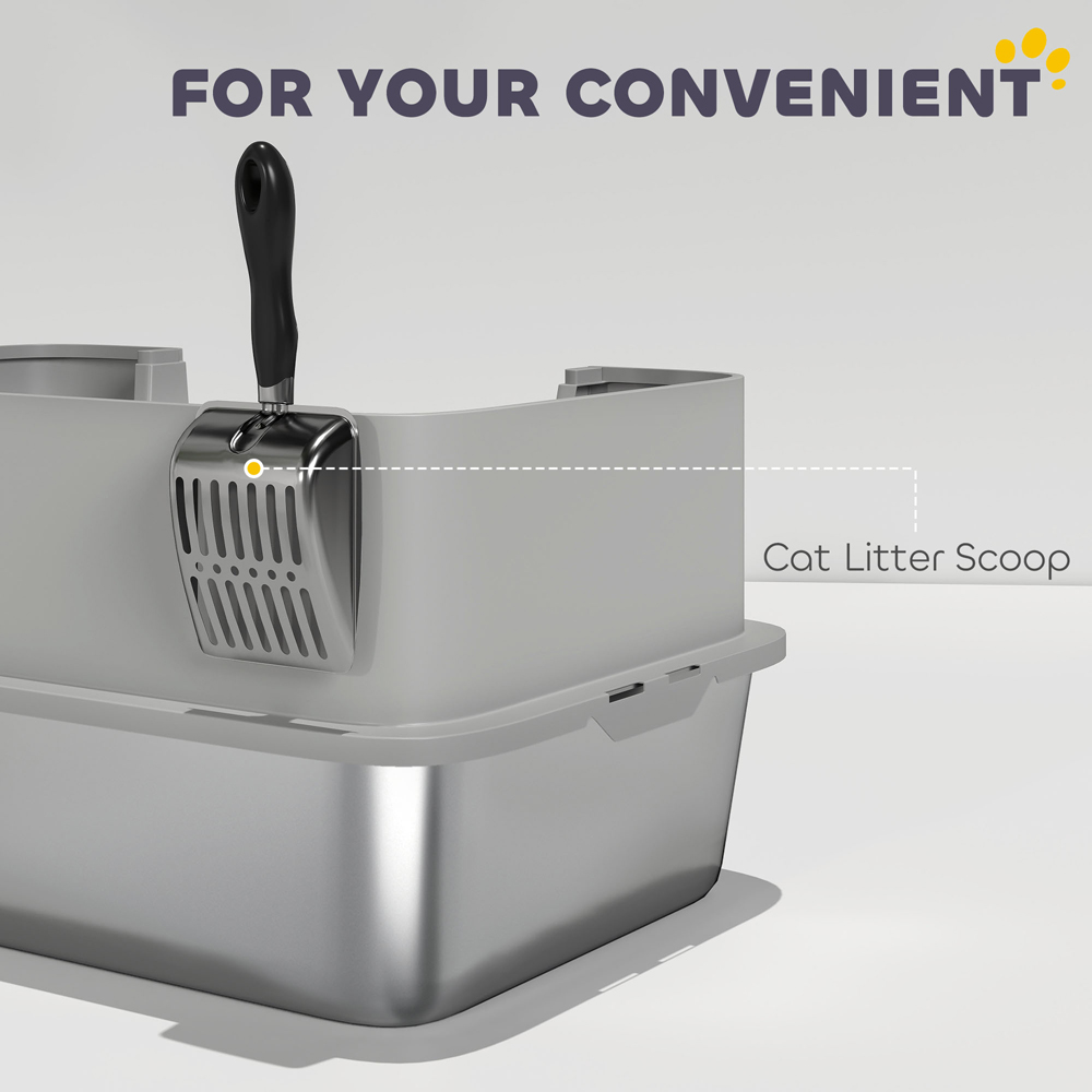 PawHut One Size Grey Stainless Steel High Sided Cat Litter Tray with Scoop Image 8