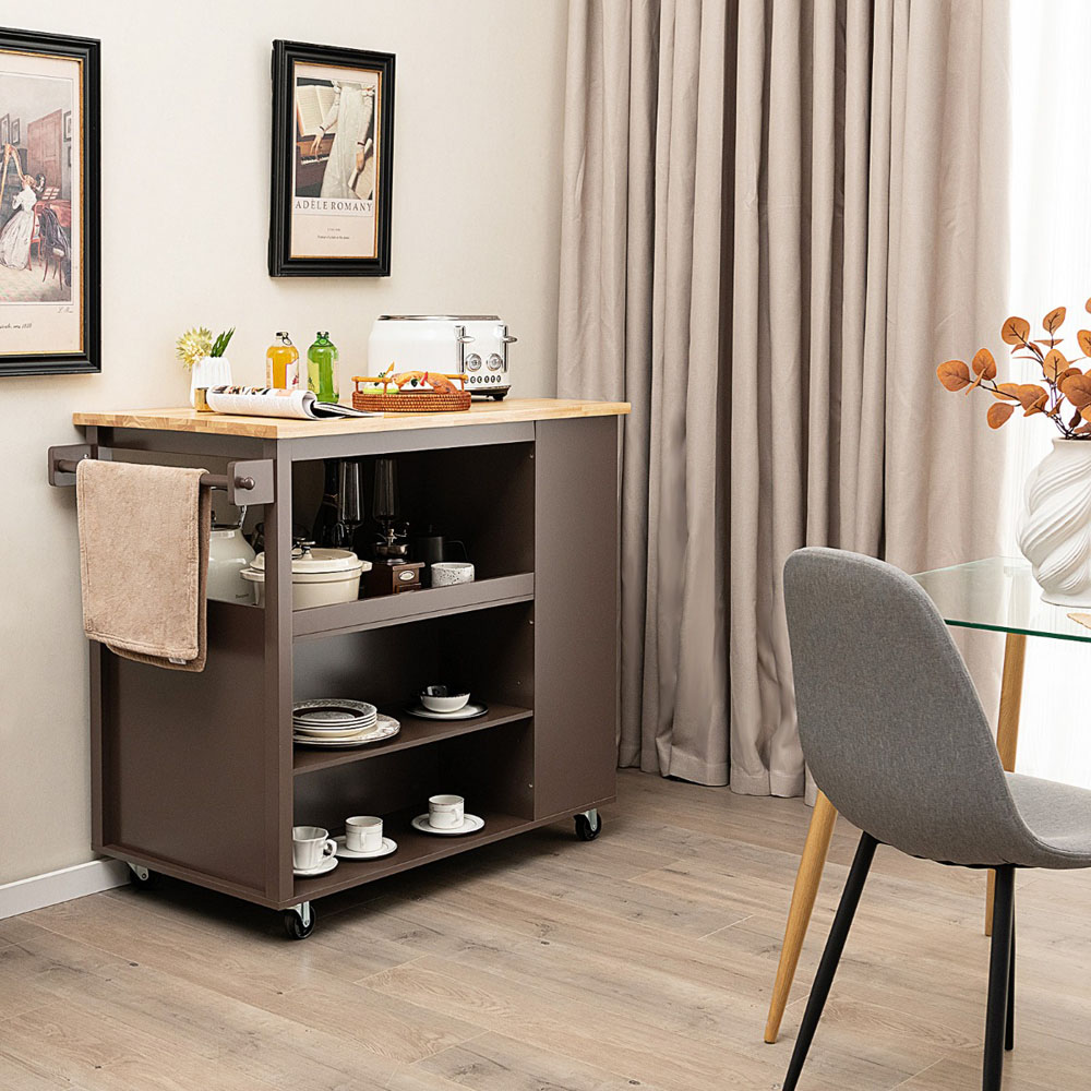 Costway Single Drawer 5 Shelf 4 Cube Brown Rubberwood Top Mobile Serving Trolley Cart Image 4